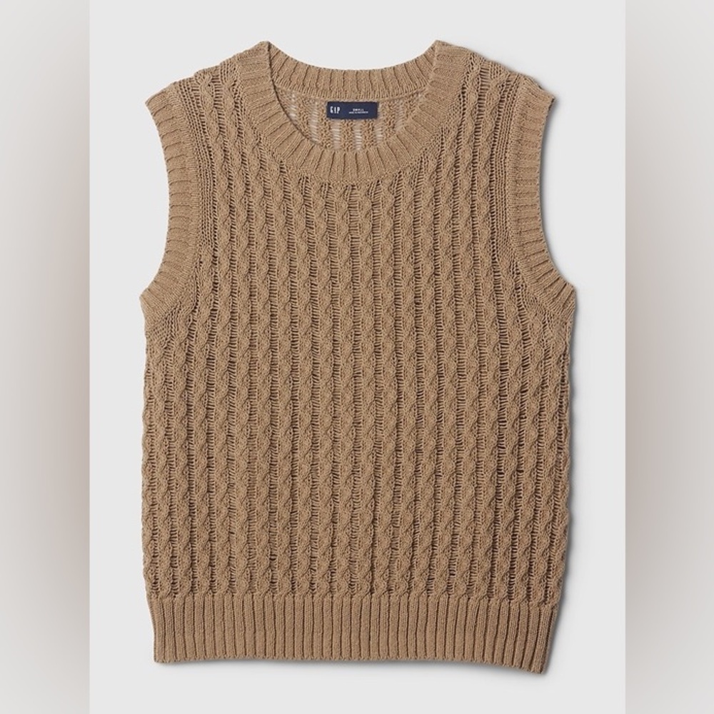 GAP Womens Tan Cable Knit Sweater Vest Crew‎ Neck Sleeveless Pullover Small - Picture 2 of 9
